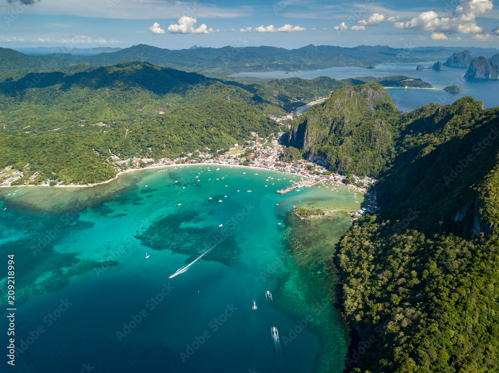 Aerial drone view of the beautiful El Nido area in Palawan, Philippines