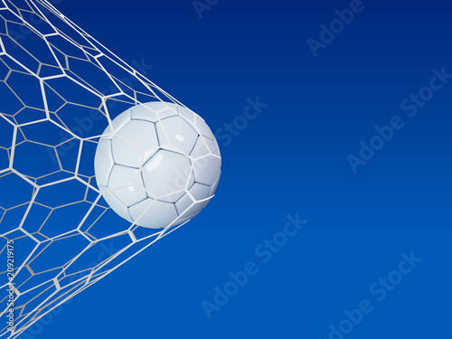 Soccer or Football 3d Ball on blue sky background. Football game match goal moment with realistic ball in the net and place for text