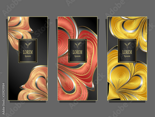 Set Template for package or flyer from Luxury background made by foil abstract marble in peachy red orange on black for cosmetic or perfume or for package of tea or for alcohol label or for brand book