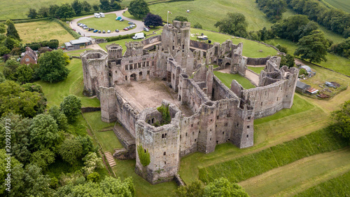 Aerial view of Raglan Castle in Monmouthshire, South Wales, UK