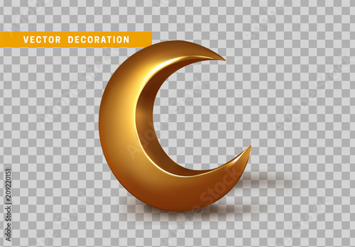 Golden crescent 3d design isolated on transparent background. Vector gold moon