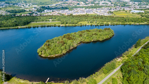 Aerial view of Bryn Bach park and lake in Tredegar, South Wales photo