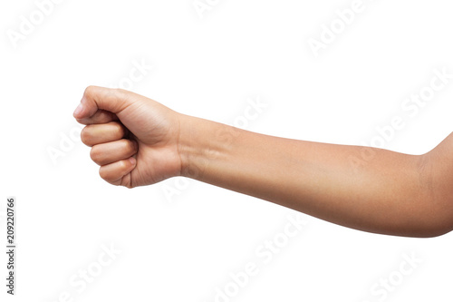 Kid hand with fist gesture isolated on white background. Clipping path included