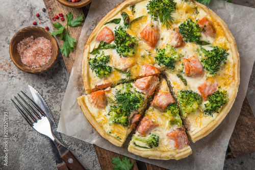 smoked salmon, broccoli and spinach quiche tart photo