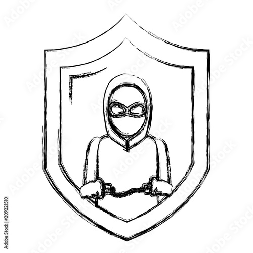 grunge shield with thief mask and criminal handcuffs