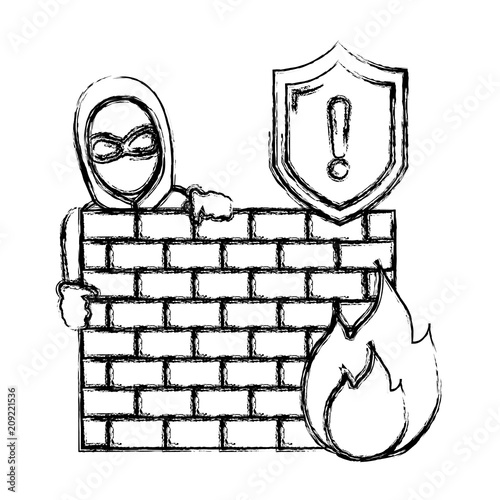 grunge thief with mask behind brick wall and fire caution