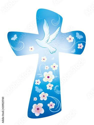 Christian cross with dove and flowers on blue background