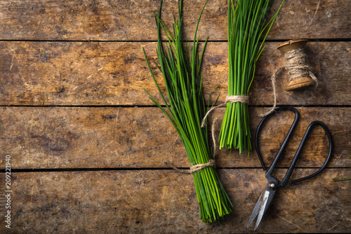 fresh chives on wooden rustic background photo