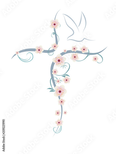 Stylized isolated Christian cross with dove and flowers