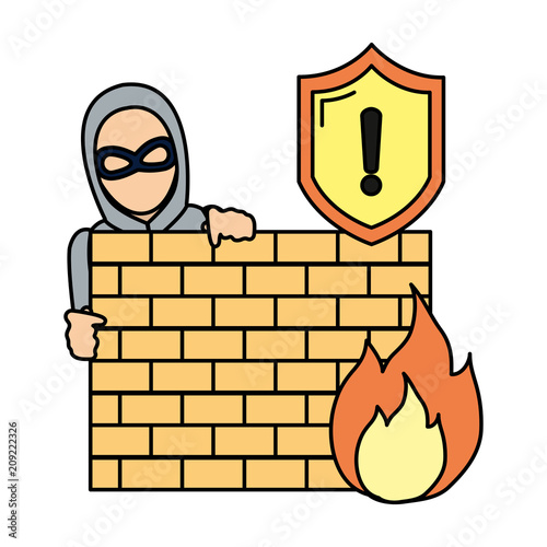 color thief with mask behind brick wall and fire caution