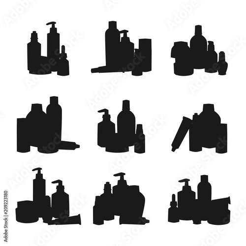 Bottles of cosmetic silhouette cosmetology lotion makeup beauty plastic liquid cream container fluid pack vector illustration.
