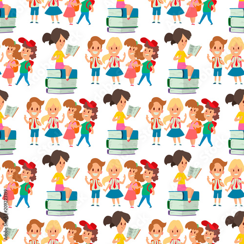 Children studying school kids going study together childhood happy primary education character vector seamless pattern background.