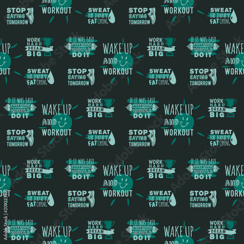 Sport motivational logo vector seamless pattern background hand drawn element banner gym crossfit trainings motivation text lettering illustration. © Vectorvstocker