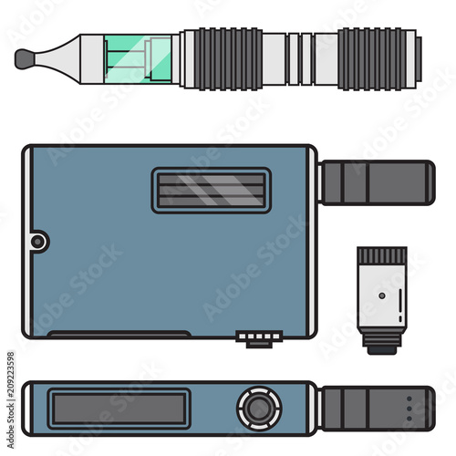 Vape device vector cigarette vaporizer vapor juice vape bottle flavor illustration battery coil electronic nicotine liquid smoking atomizer device e-liquid.