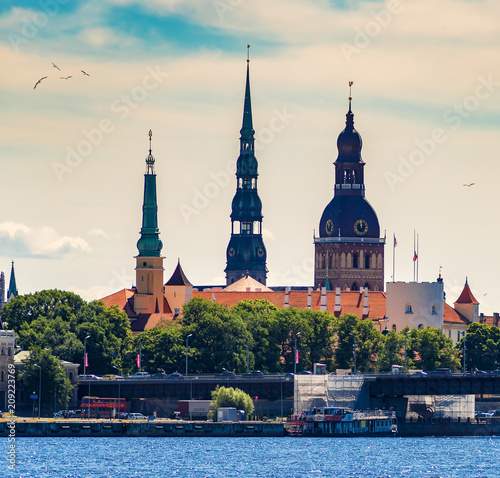 Medieval churches and palace of president in historical center of old Riga, L...