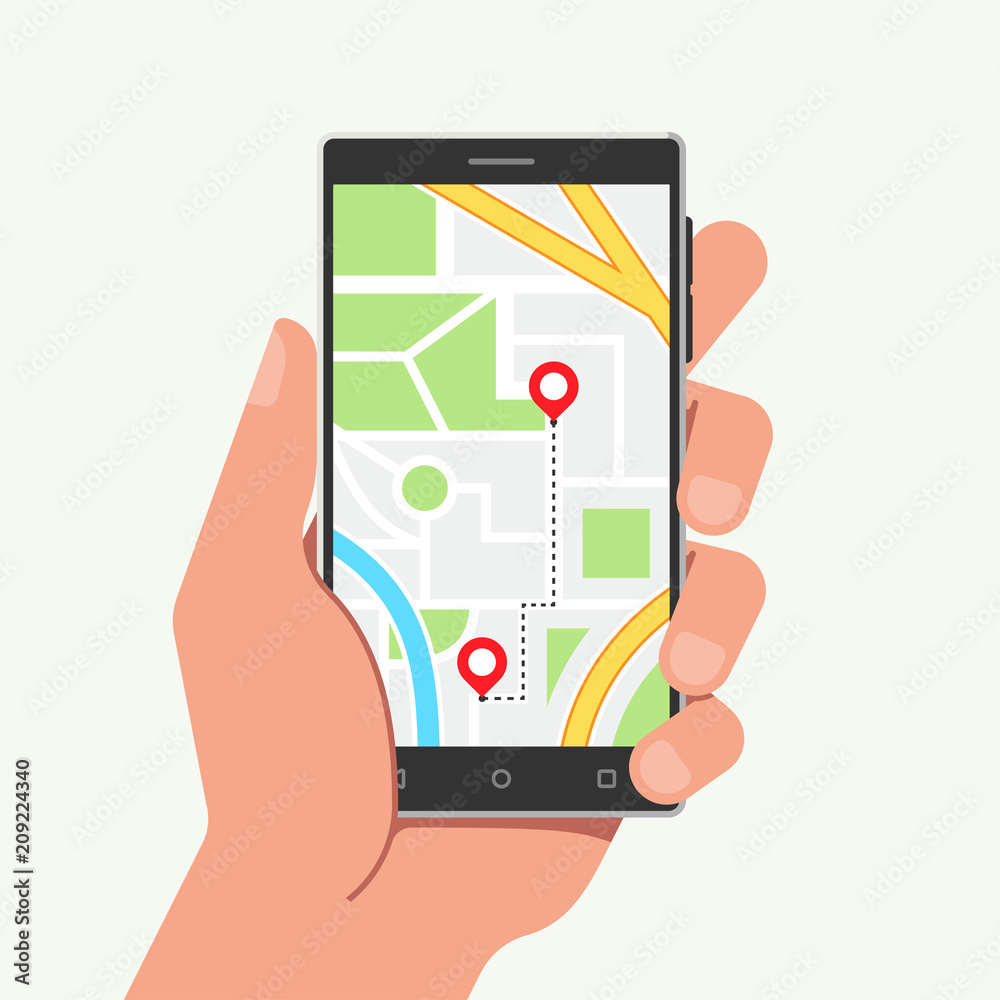 Hand holding phone with map and mobile navigation in flat style. Vector illustration Hand holding phone with map and mobile navigation in flat style. Vector illustration