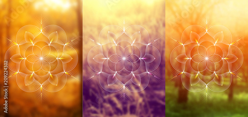 Canvas Print Set of three template for card or poster, vertical format; Spiritual abstract sacred geometry on wonderful blurred background; Flower of life and lotus; Yoga, meditation and relax