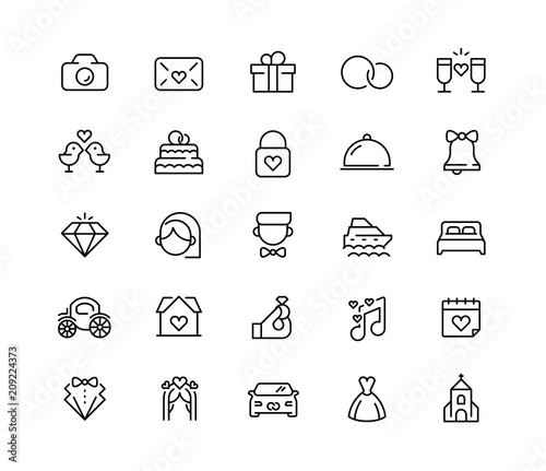 Wedding vector icon set in line style. 64x64 Pixel perfect.