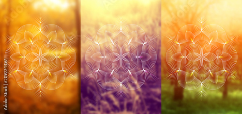 Set of three template for card or poster, vertical format; Spiritual abstract sacred geometry on wonderful blurred background; "Flower of life" and lotus; Yoga, meditation and relax.