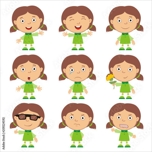 Set of little funny girl in green dress isolated on white background.