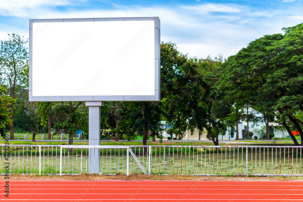 Fototapeta premium Digital blank scoreboard at football stadium with running track in sport stadium in outdoor ,Advertising Billboard LED, Empty white digital.