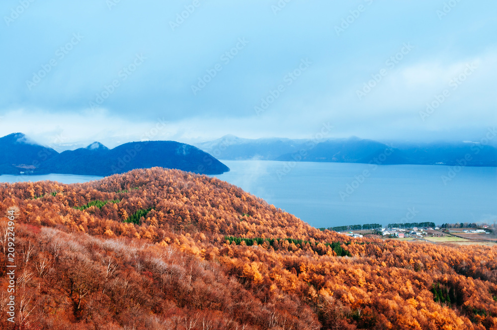 Hokkaido Usuzan mountain forest and lake Toya in urly winter with autumn foliage yellow tree, aerial view