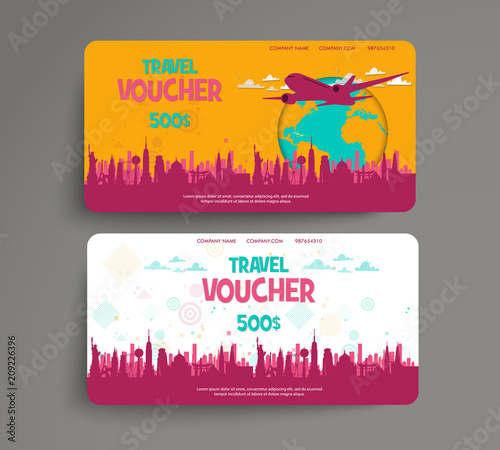 Vector set of gift travel voucher. Template for a festive gift card, coupon and certificate. Discount Coupon Template. Vector Illustration EPS10