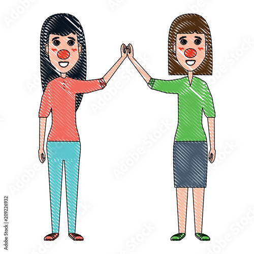 Cartoon happy women with red noses over white background, vector illustration