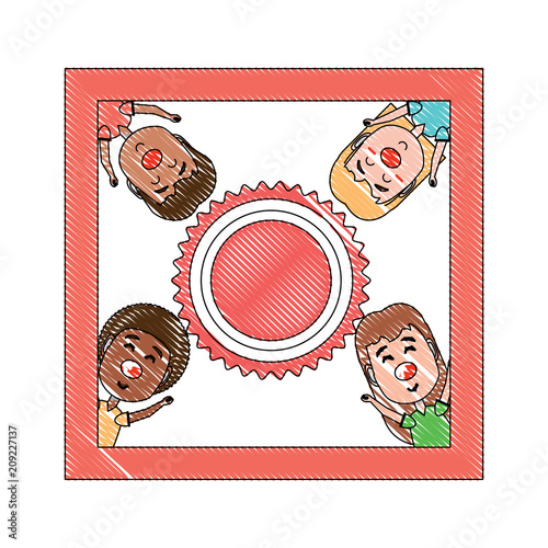 decorative frame with happy kids with red noses over white background, vector illustration