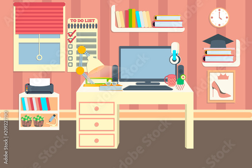 Workplace vector illustration. Desktop in lovely comfortable room. Online education. Comfortable place for study
