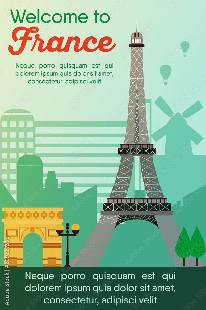 Landmarks banner in vector. Travel destinations card. Trip to France. Landscape template of world places of interest.