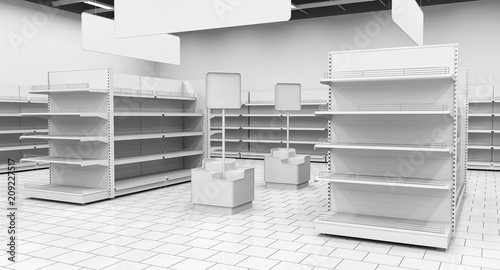 Interior of a supermarket with shelves for goods. 3d image.
