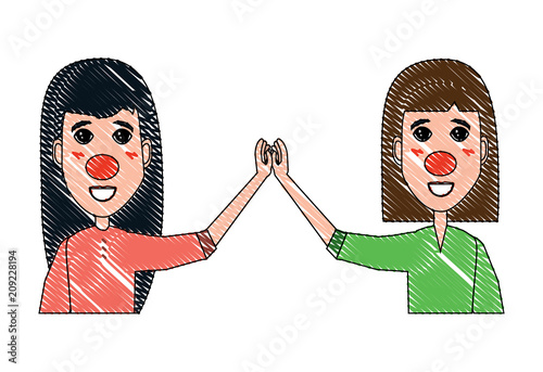 Cartoon happy women with red noses over white background, vector illustration