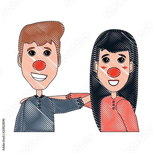 Happy couple with red noses  over white background, vector illustration