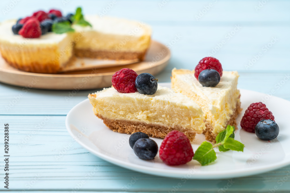 Homemade cheesecake with raspberries and blueberries