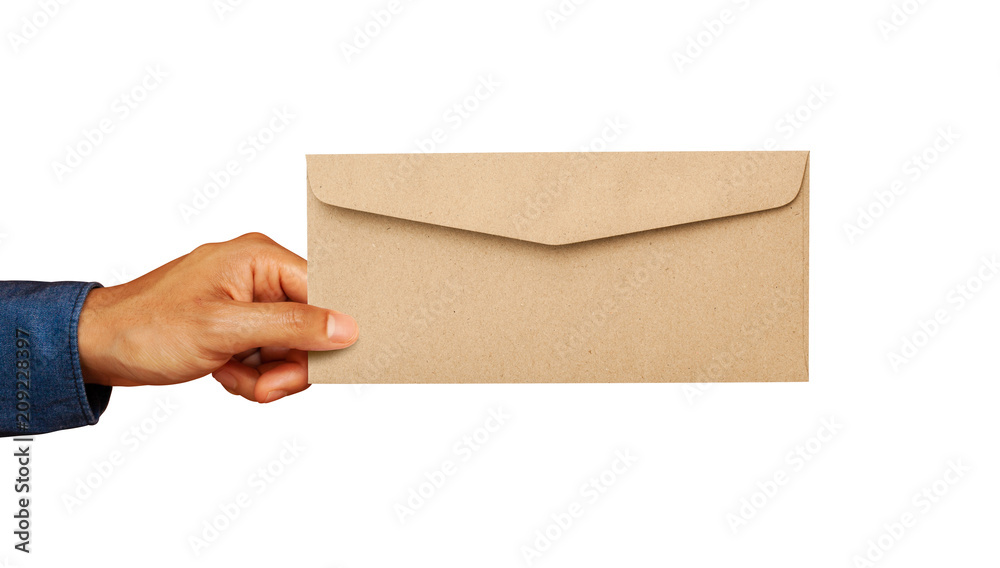 Hand holding blank brown envelope isolated on white background. Objects with clipping path and copy space. Business and finance concept Hand holding blank brown envelope isolated on white background. Objects with clipping path and copy space. Business and finance concept