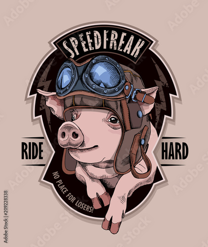 Funny emblem. Pig in a retro leather biker helmet. Vector illustration.