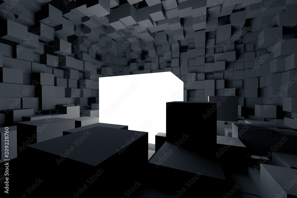 3D rendering a glowing white box in a black room