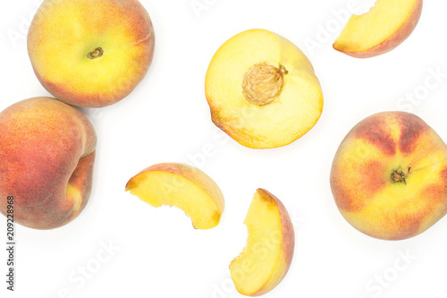 Yellow peaches flatlay collection isolated on white background.