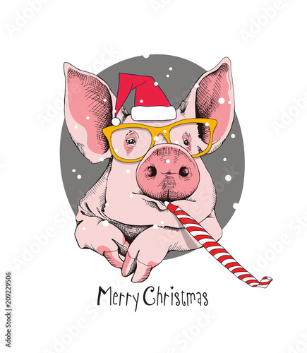 Christmas card. Portrait of the pink Pig in a red Santa's cap, yellow glasses and with a funny party whistle blowing on a gray background. Vector illustration. 