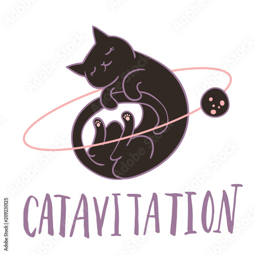 Cute cat flying in space sleeping surrounded by stars, planets. asteroids. Hand lettering. Simple sweet kids nursery illustration. Graphic design for apparel.