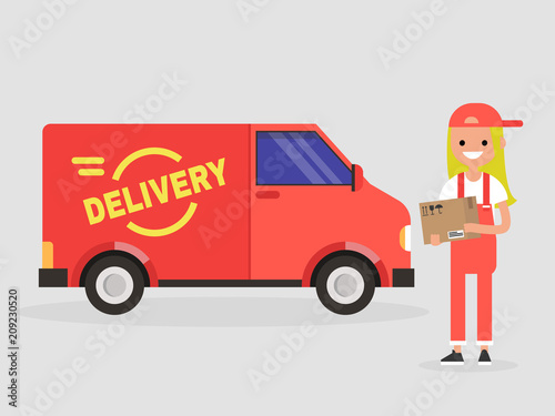 Delivery service. Young smiling female courier holding a parcel. Transportation. Flat vector illustration, clip art