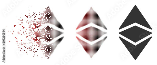 Vector Ethereum classic icon in dissolved, pixelated halftone and undamaged whole variants. Disappearing effect uses square particles and horizontal gradient from red to black.