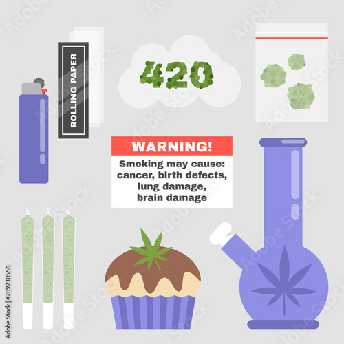 Cannabis. Marijuana. Weed. Set of smoking tools. Lifestyle and Health. Flat editable vector illustration, clip art