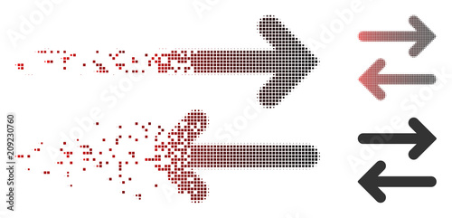 Vector flip horizontal icon in dissolved, pixelated halftone and undamaged whole versions. Disappearing effect involves square scintillas and horizontal gradient from red to black.