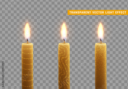Candles burn with fire. Set of paraffin candles realistic isolated on transparent background. Element for design decor  vector illustration