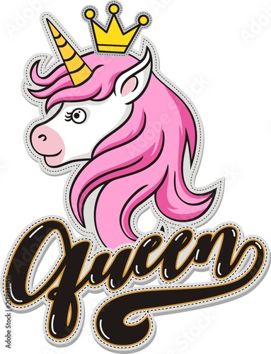 Queen, unicorn head mascot, vector illustration