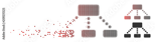 Vector hierarchy icon in fractured, pixelated halftone and undamaged solid versions. Disappearing effect involves rectangle dots and horizontal gradient from red to black.
