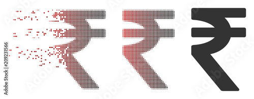 Vector Indian Rupee icon in sparkle, dotted halftone and undamaged solid versions. Disappearing effect uses rectangular particles and horizontal gradient from red to black.