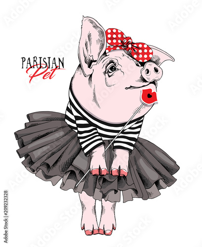Pig in a striped cardigan, in a black tutu skirt, in a red polka dot headband and with a Lips Photo Booth. Vector illustration.